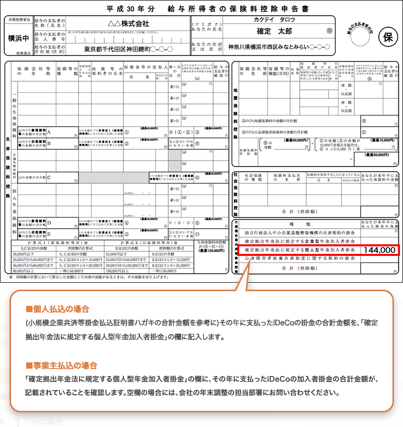 （小規模企業共済等掛金払込証明書の合計金額を参考に）その年に支払ったiDeCoの掛金総額を記入します。