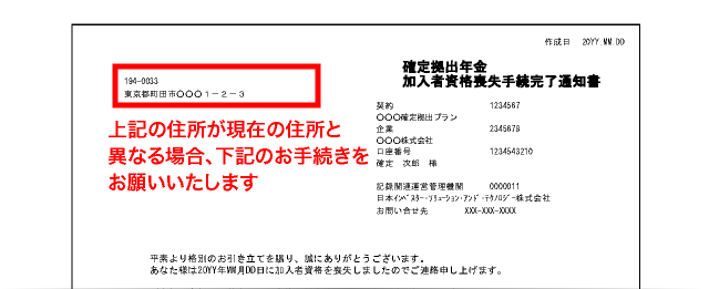 確定拠出年金加入者資格喪失手続完了報告書に記載の住所が現在の住所と異なる場合、下記のお手続きをお願い致します